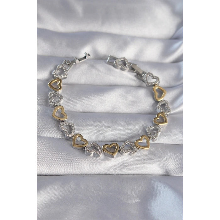 Erb Vip Seri Pirinç Çift Renkli Zirkon Taşlı İçi Boş Kalp Tasarımlı Bileklik