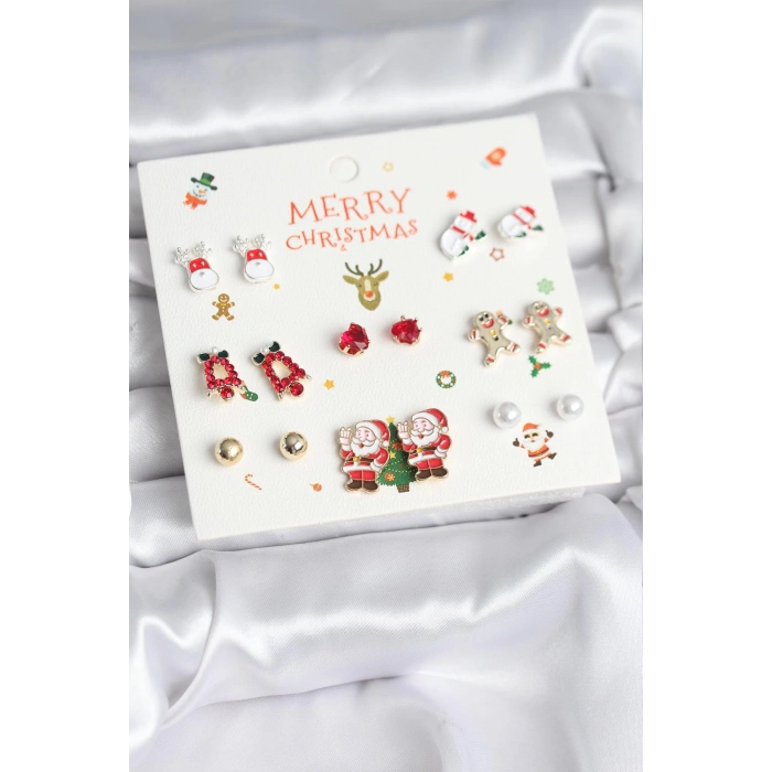 Erb Yılbaşı Temalı Karışık Model 8 Çift Yılbaşı Temalı Kadın Küpe Seti