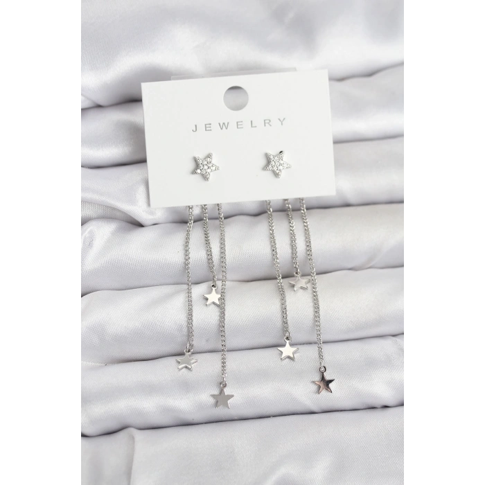 Erb Yıldız Model Gümüş Renk Pirinç Sallantılı Kadın Küpe