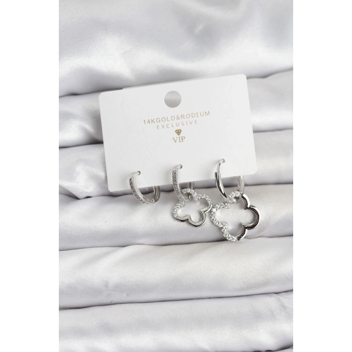 Erb Yonca Model Gümüş Renk Pirinç 3'lü Kadın Küpe Seti