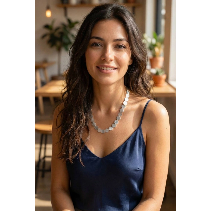 Erb Yuvarlak Plaka Model Gümüş Renk Kadın Kolye