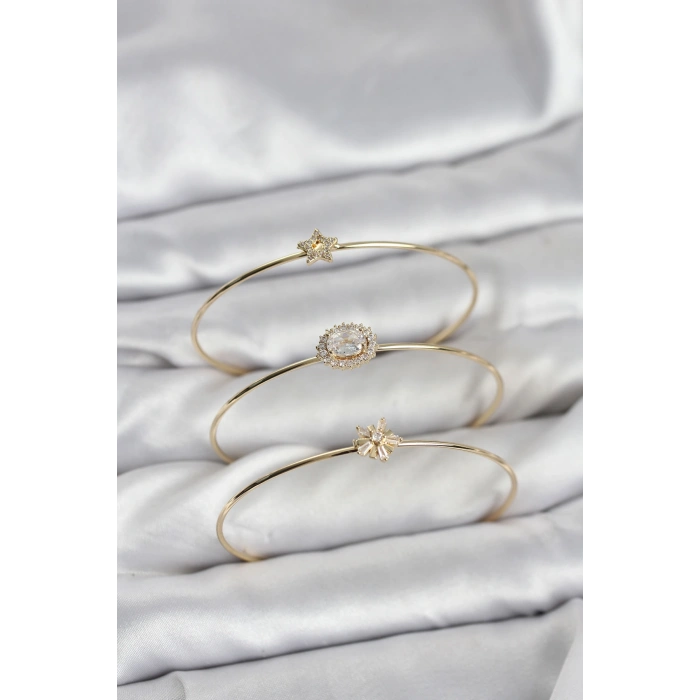 Erb Zirkon Taşlı Gold Renk Tek Taş Model 3'lü Kadın Bileklik Kombini