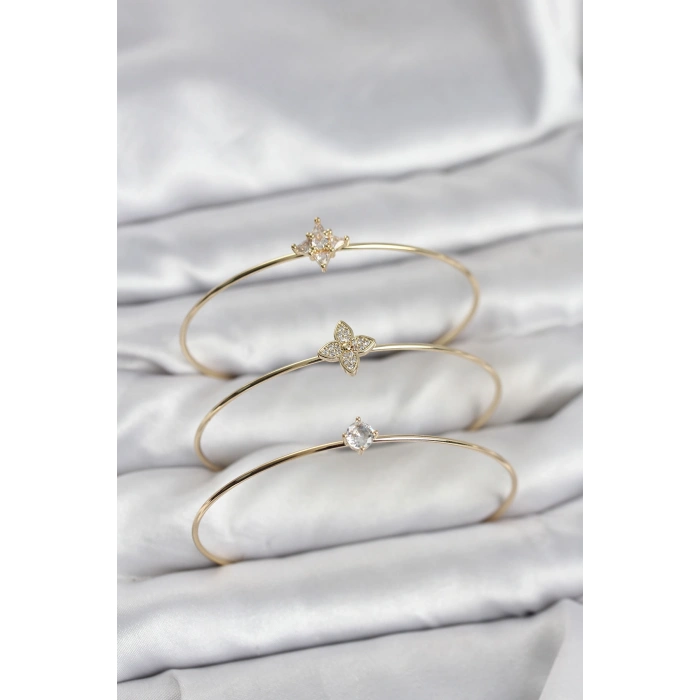 Erb Zirkon Taşlı Gold Renk Yonca Model 3'lü Kadın Bileklik Kombini