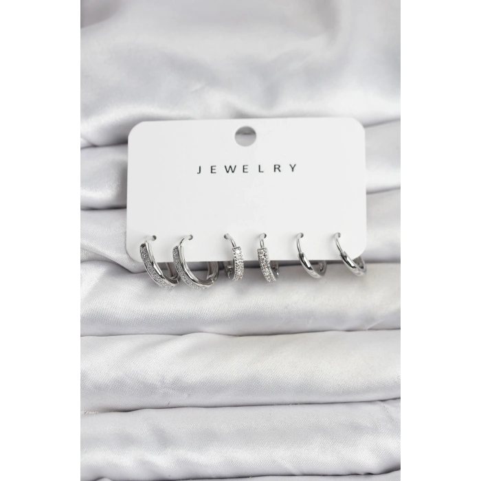 Erb Zirkon Taşlı Gümüş Renk Pirinç Kadın Küpe Seti