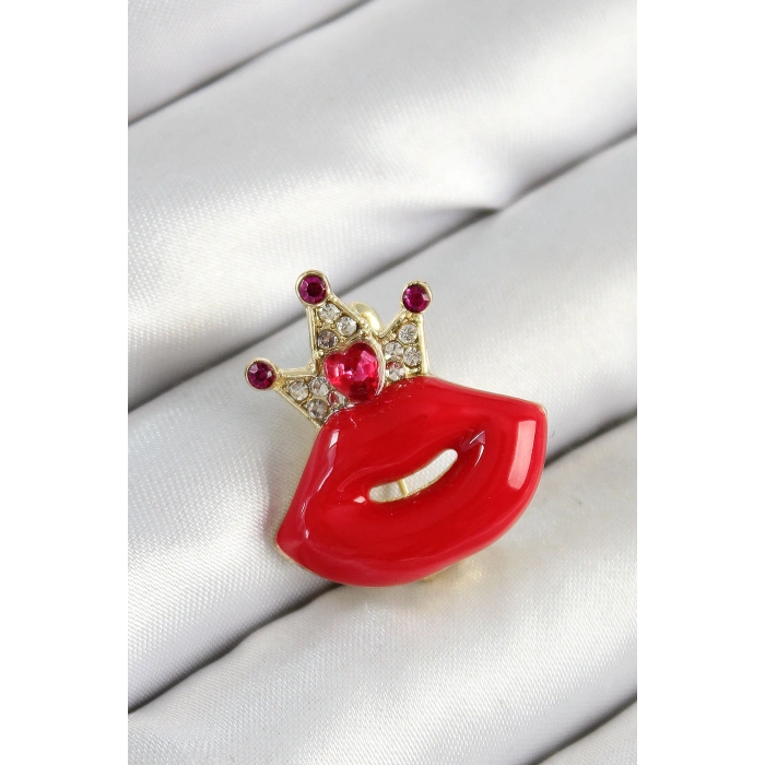 Erb Zirkon Taşlı Kraliçe Taç Detaylı 3D Kırmızı Dudak Figürlü Gold Renk Kadın Broş