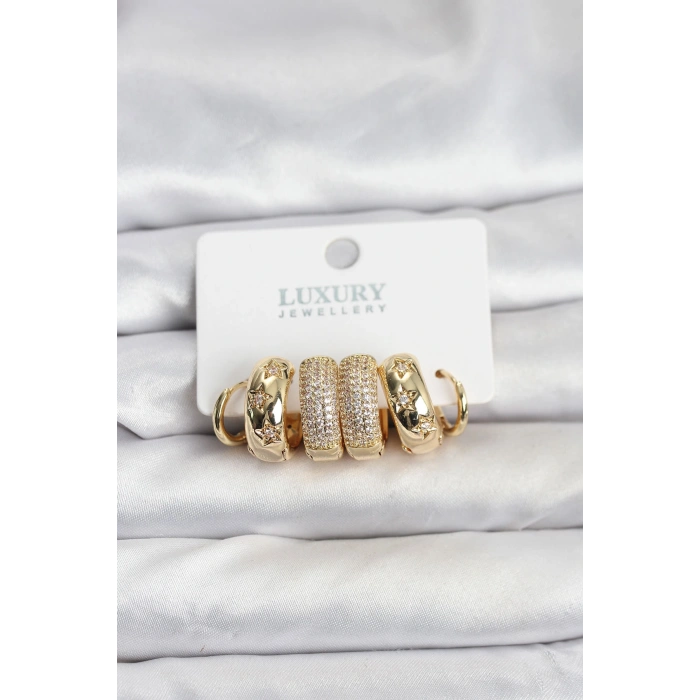 Erb Zirkon Taşlı Pirinç Gold Renk Halka Kadın Küpe Seti