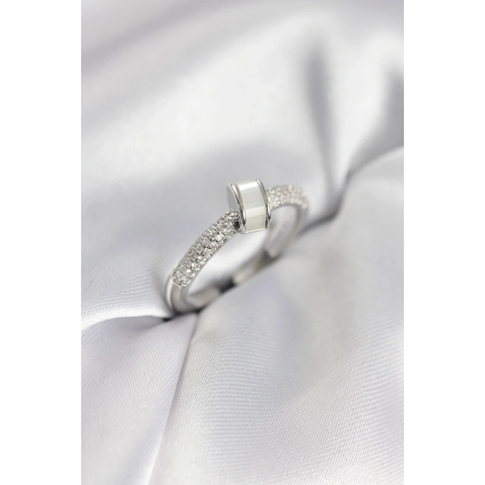 Erb Zirkon Taşlı Sedefli Gümüş Renk Kadın Yüzük