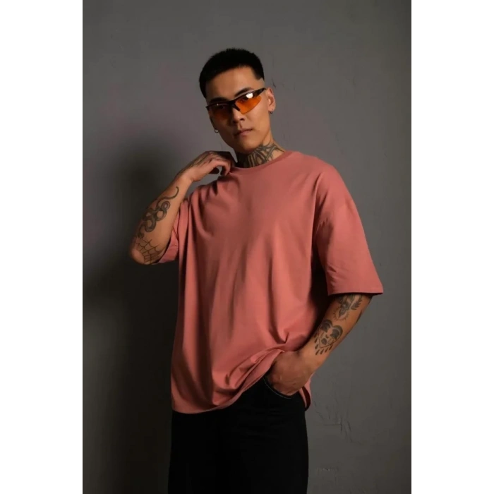 Erkek 24/1 Düz A Kalite Oversize T-shirt - Gül Kurusu