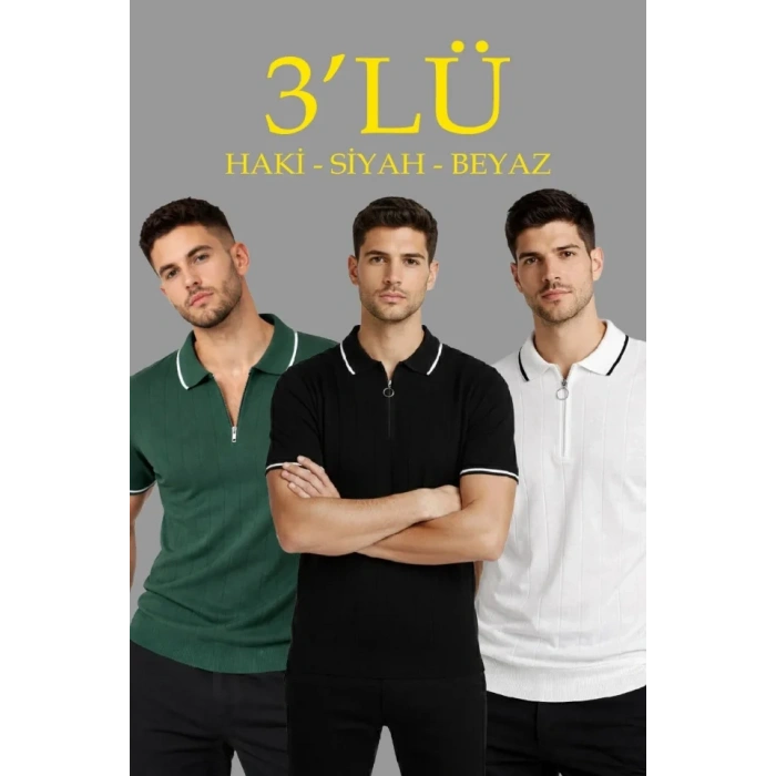 Erkek 3’lü Paket Dokuma Triko  Fermuarlı Yakalı Fitilli Kısa Kollu Regular Fit Tişört - Beyaz, Haki, Siyah