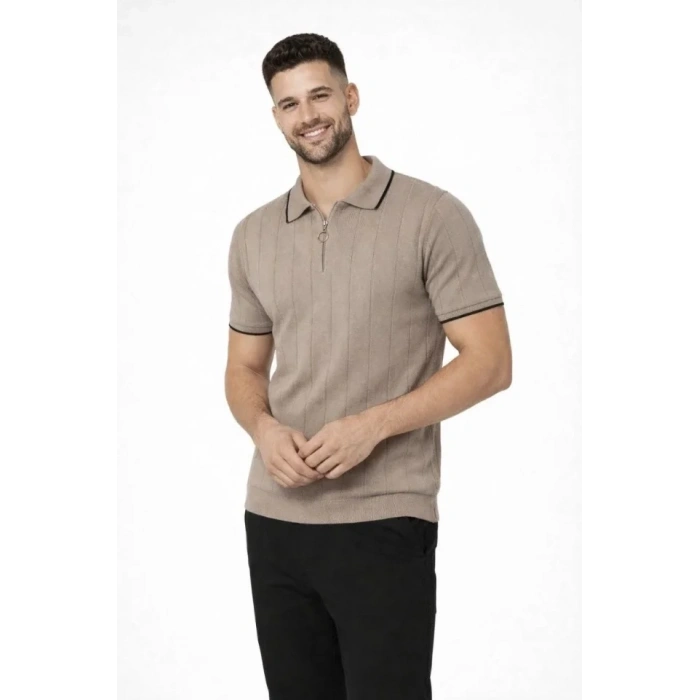 Erkek 3’lü Paket Dokuma Triko  Fermuarlı Yakalı Fitilli Kısa Kollu Regular Fit Tişört - Kahverengi, Beyaz, Siyah