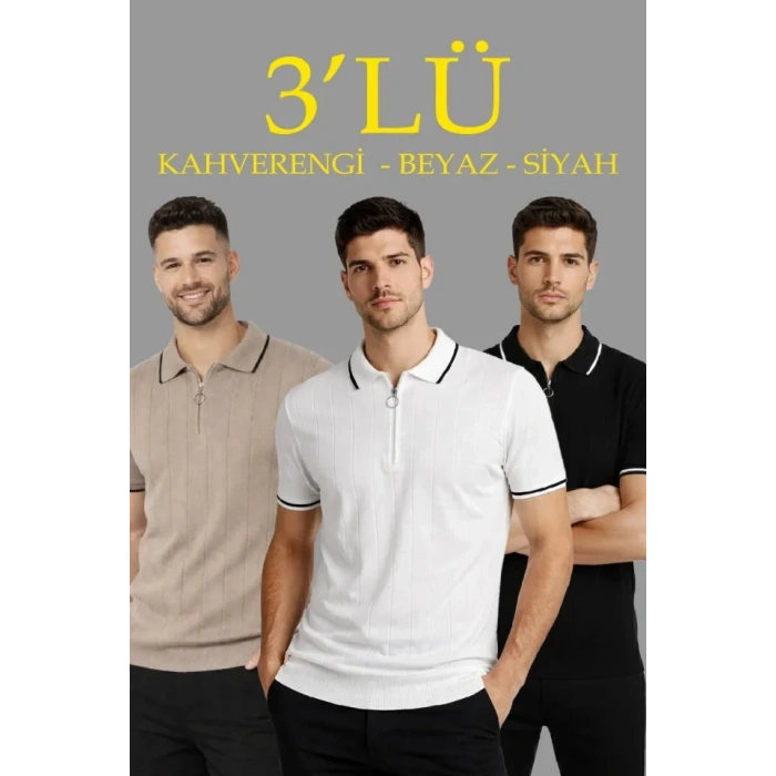 Erkek 3’lü Paket Dokuma Triko  Fermuarlı Yakalı Fitilli Kısa Kollu Regular Fit Tişört - Kahverengi, Beyaz, Siyah