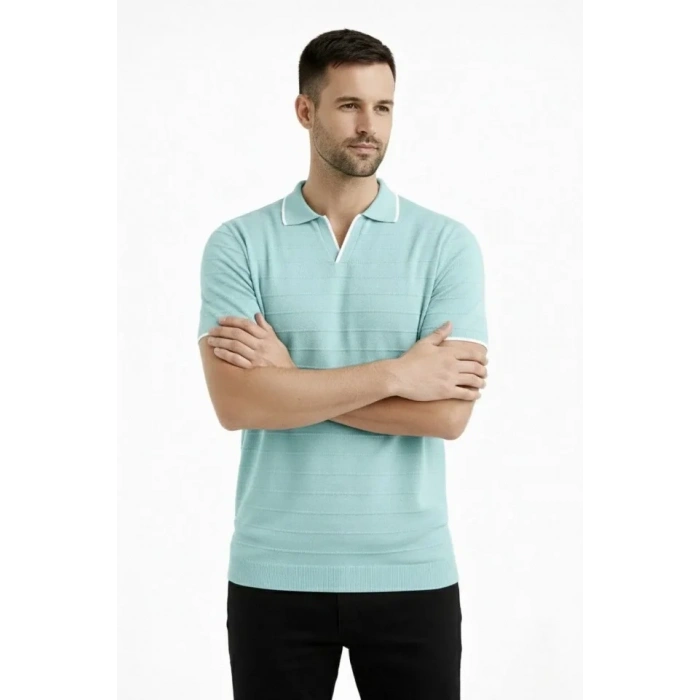 Erkek 3’lü Paket Triko Yakalı Düğmesiz Açık Yaka Fitilli Kısa Kollu Regular Fit Tişört - Bej, Beyaz, Mint Yeşili