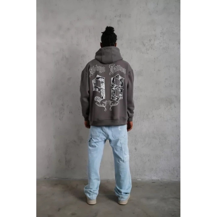 Erkek 98 Baskılı Kapşonlu Sweat - Gri