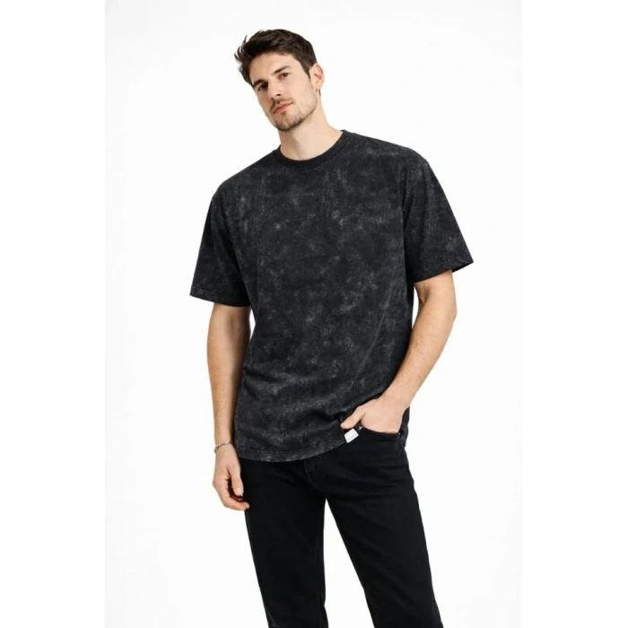 Erkek Asit Yıkama Bisiklet Yaka Kısa Kollu Oversize T-Shirt Tişört - Siyah