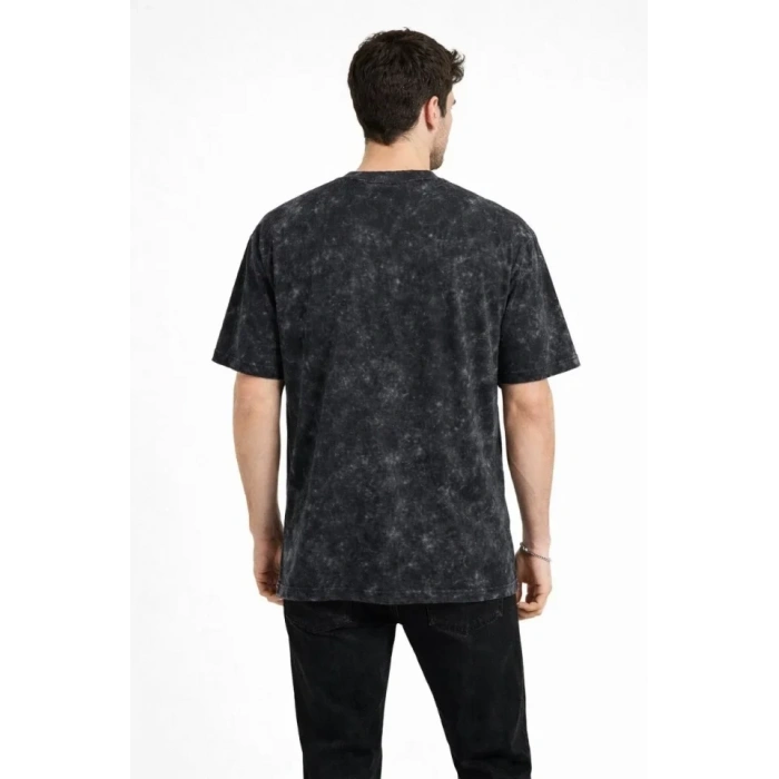 Erkek Asit Yıkama Bisiklet Yaka Kısa Kollu Oversize T-Shirt Tişört - Siyah