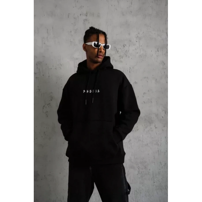 Erkek Astronot Baskılı Kapüşonlu Sweat - Siyah