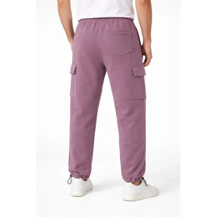 Erkek Baggy Üç İplik Kargo Cepli Eşofman Ayarlanabilir Paça Beli İpli Pantolon - Gül Kurusu