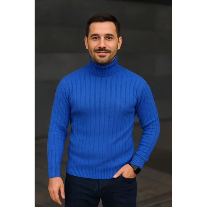 Erkek Balıkcı Yaka Bağazlı Triko Kazak Pamuklu Kalın Fitilli Dokuma, Regular Fit Uzun Kollu Kışlık Model - Saks Mavisi