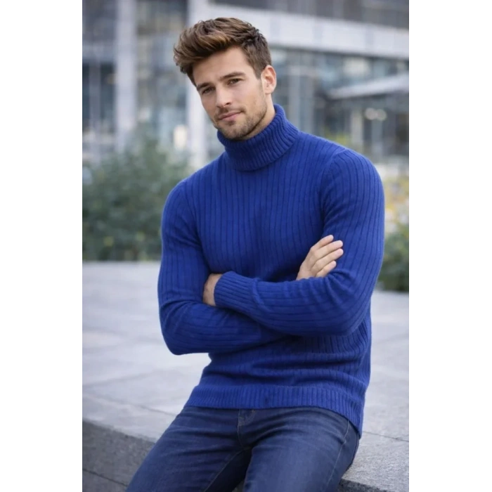 Erkek Balıkcı Yaka Bağazlı Triko Kazak Pamuklu Kalın Fitilli Dokuma, Regular Fit Uzun Kollu Kışlık Model - İndigo