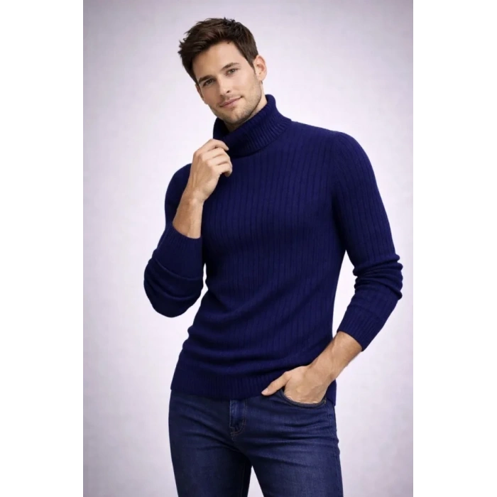 Erkek Balıkcı Yaka Bağazlı Triko Kazak Pamuklu Kalın Fitilli Dokuma, Regular Fit Uzun Kollu Kışlık Model - Lacivert