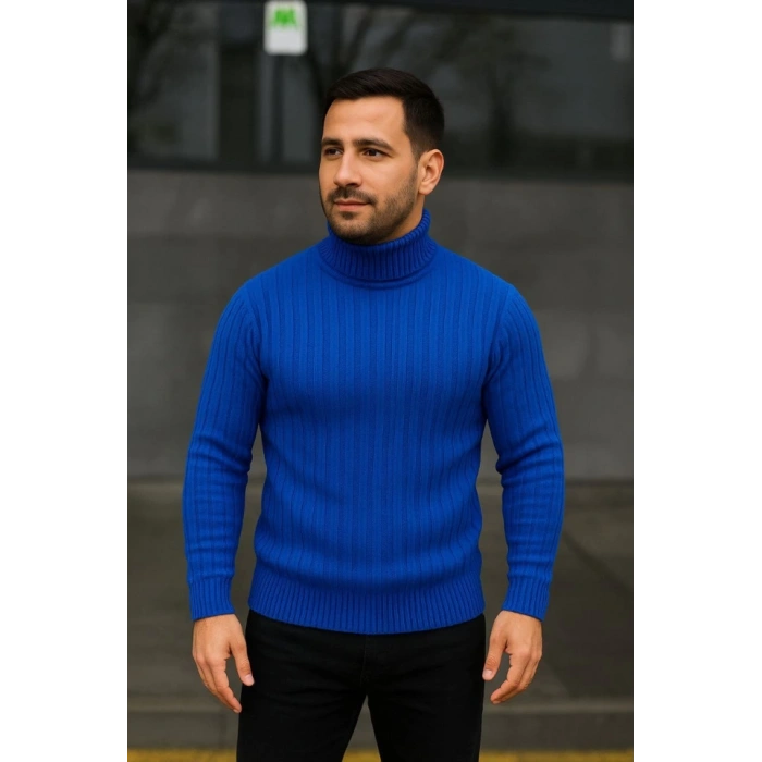Erkek Balıkcı Yaka Bağazlı Triko Kazak Pamuklu Kalın Fitilli Dokuma, Regular Fit Uzun Kollu Kışlık Model - Saks Mavisi