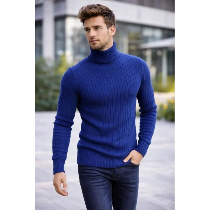 Erkek Balıkcı Yaka Bağazlı Triko Kazak Pamuklu Kalın Fitilli Dokuma, Regular Fit Uzun Kollu Kışlık Model - İndigo