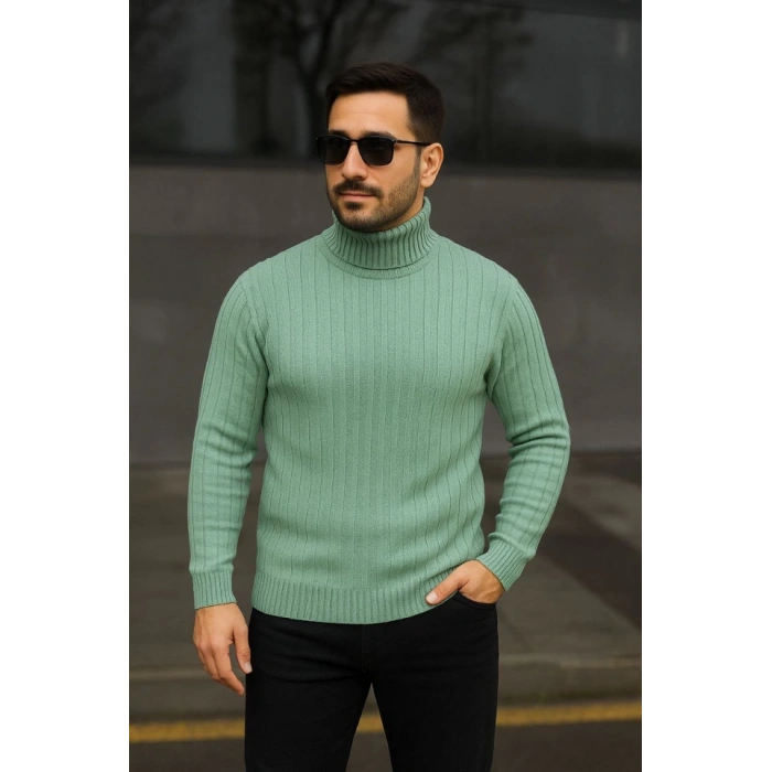 Erkek Balıkcı Yaka Bağazlı Triko Kazak Pamuklu Kalın Fitilli Dokuma, Regular Fit Uzun Kollu Kışlık Model - Mint Yeşili
