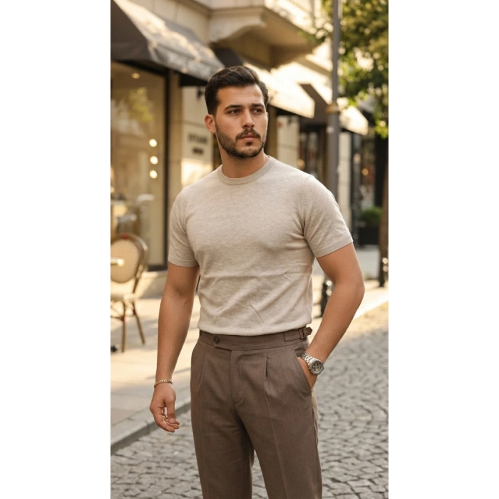 Erkek Basic Bisiklet Yaka Kısa Kollu Triko Tişört - %100 Pamuk Akrilik