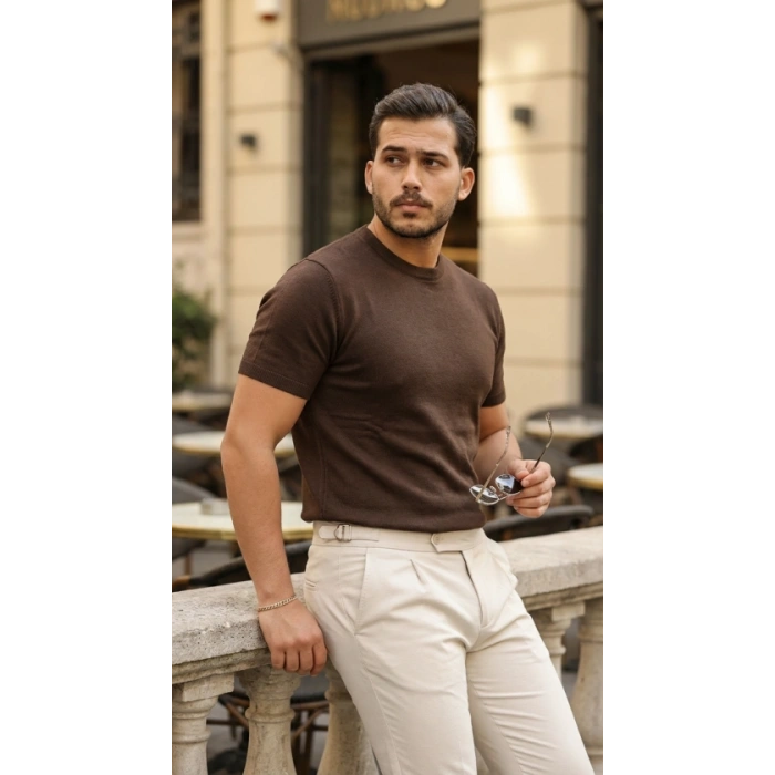 Erkek Basic Bisiklet Yaka Kısa Kollu Triko Tişört - %100 Pamuk Akrilik