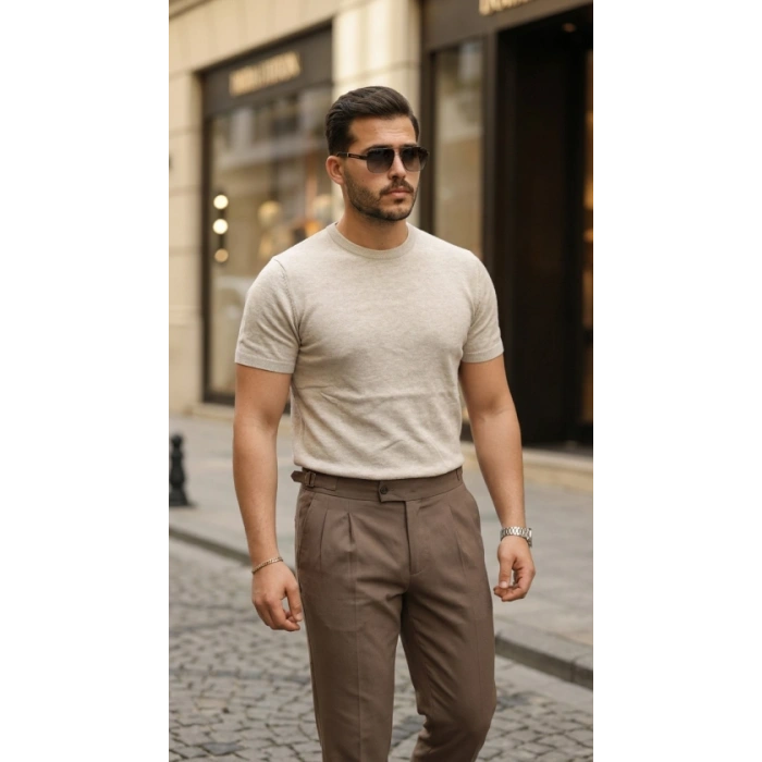 Erkek Basic Bisiklet Yaka Kısa Kollu Triko Tişört - %100 Pamuk Akrilik