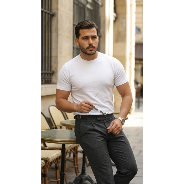 Erkek Basic Bisiklet Yaka Kısa Kollu Triko Tişört - %100 Pamuk Akrilik