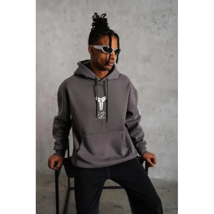 Erkek Baskılı Kapüşonlu Sweat - Gri