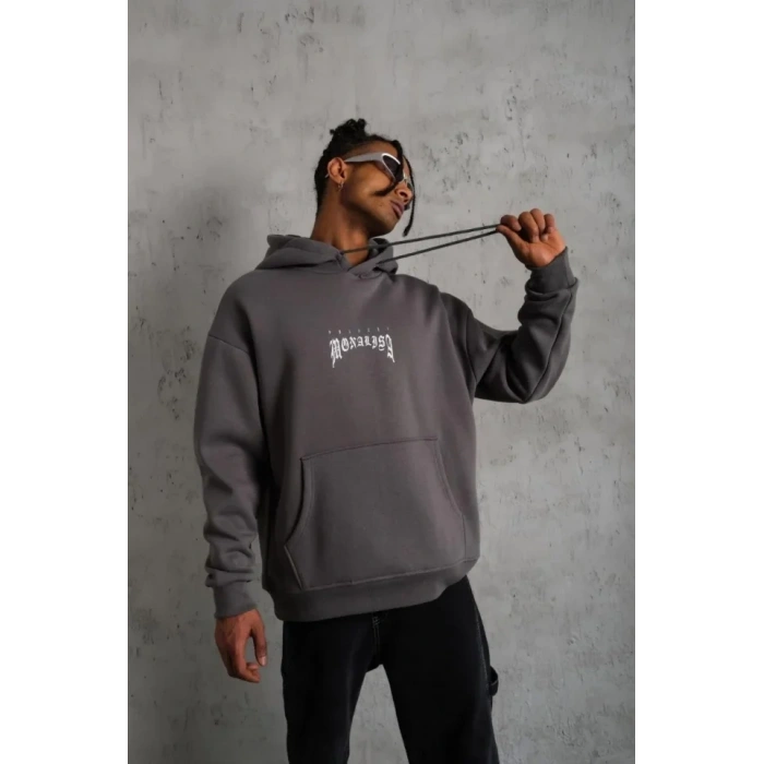 Erkek Baskılı Kapüşonlu Ve Kanguru Cepli Sweat- Gri