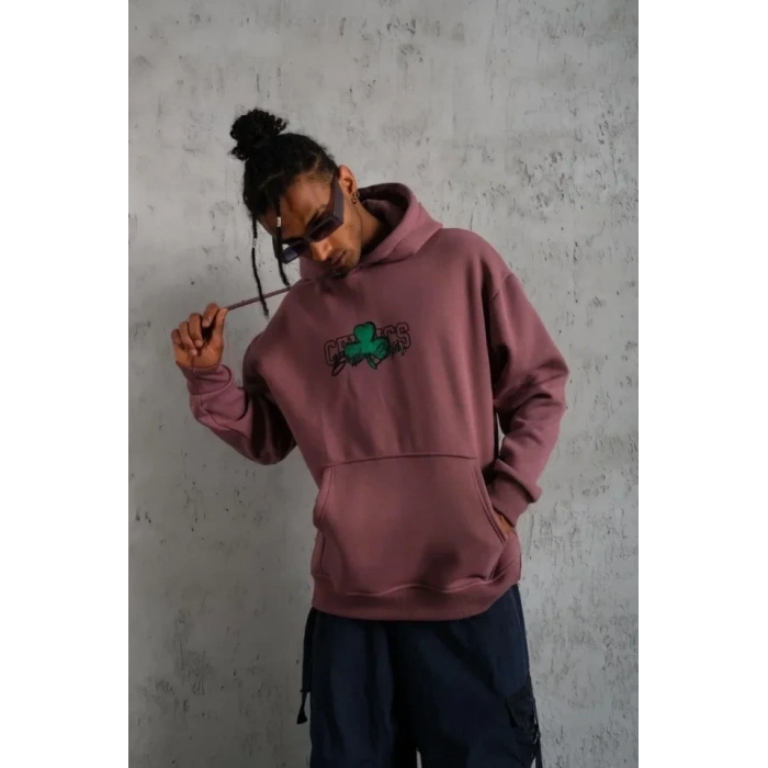 Erkek Baskılı Kapüşonlu Ve Kordon İpli Sweat - Gül Kurusu