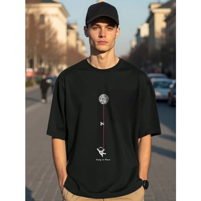 Erkek Baskılı Oversize T-shirt - Siyah