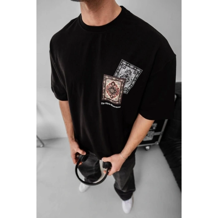 Erkek Baskılı Oversize T-shirt - Siyah