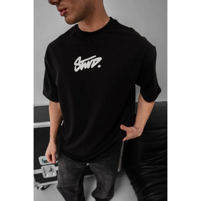 Erkek Baskılı Oversize T-shirt - Siyah