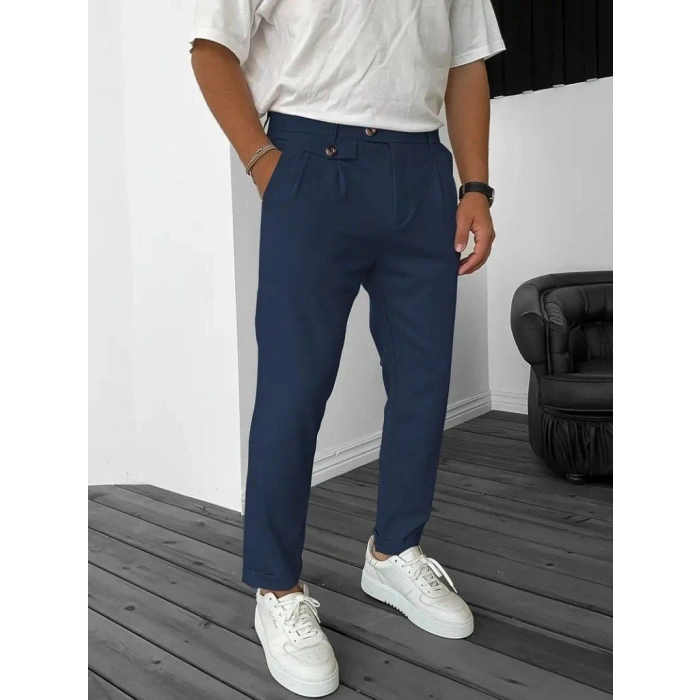 Erkek Belden Düğmeli Cepli Dokuma Pantolon