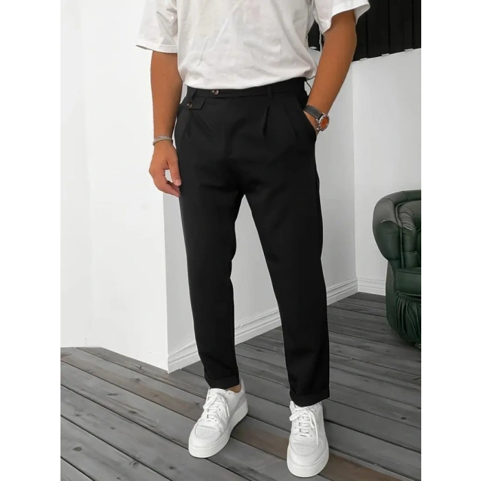 Erkek Belden Düğmeli Cepli Dokuma Pantolon