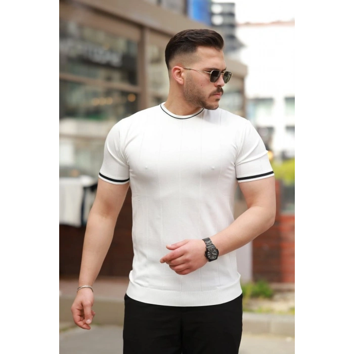 Erkek Bisiklet Yaka çizgi Desenli Ribanalı Kısa Kollu Tshirt