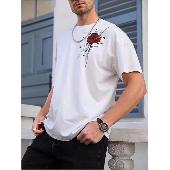 Erkek Bisiklet Yaka Kısa Kol Baskılı T-shirt - Beyaz