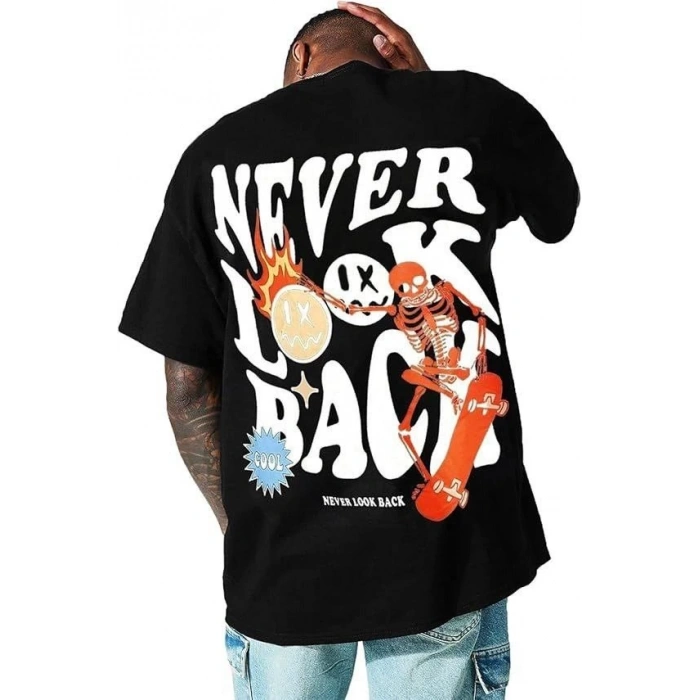 Erkek Bisiklet Yaka Kısa Kol Baskılı T-shirt - Siyah