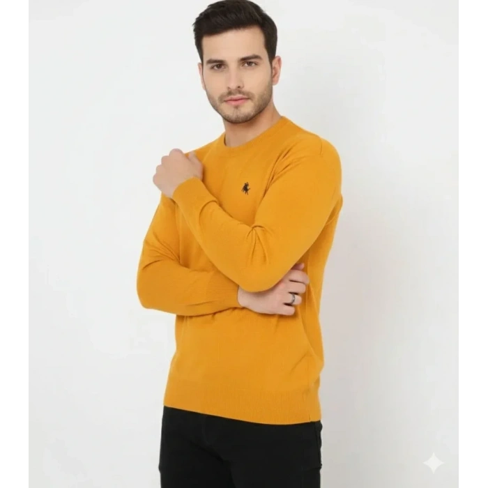 Erkek Bisiklet Yaka Nakış Işlemeli Triko Kazak Yumuşak Dokulu Pamuklu Ince Dokuma, Uzun Kollu Rahat Regular Kalıp - Turuncu