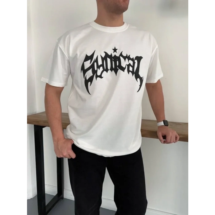 Erkek Bisiklet Yaka Ön Baskılı Kısa Kollu Tişört Streetwear Günlük Basic Pamuklu T-shirt - Beyaz