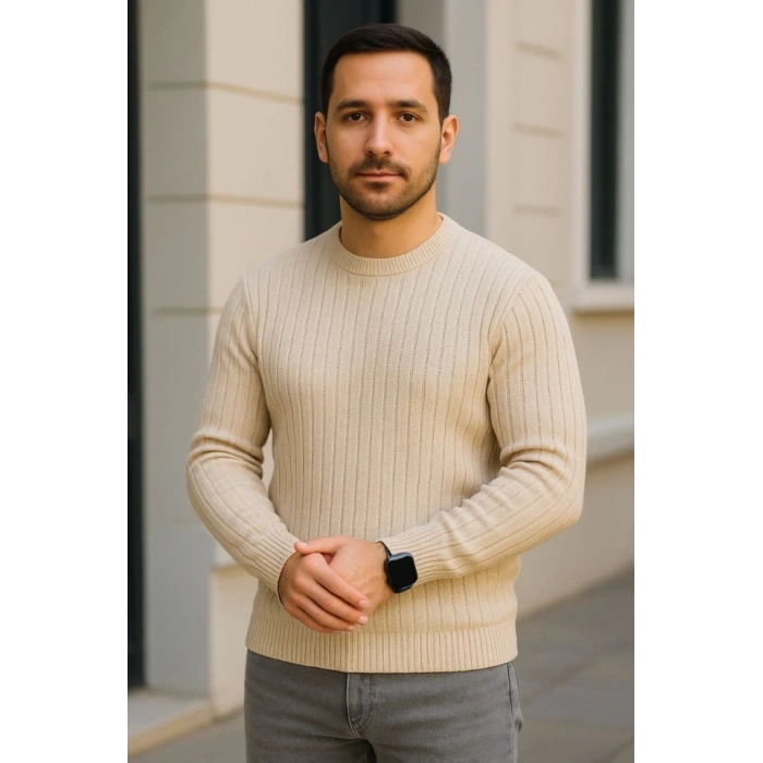 Erkek Bisiklet Yuvarlak Yaka Triko Kazak Pamuklu Kalın Fitilli Dokuma, Regular Fit Uzun Kollu Kışlık Model - Bej