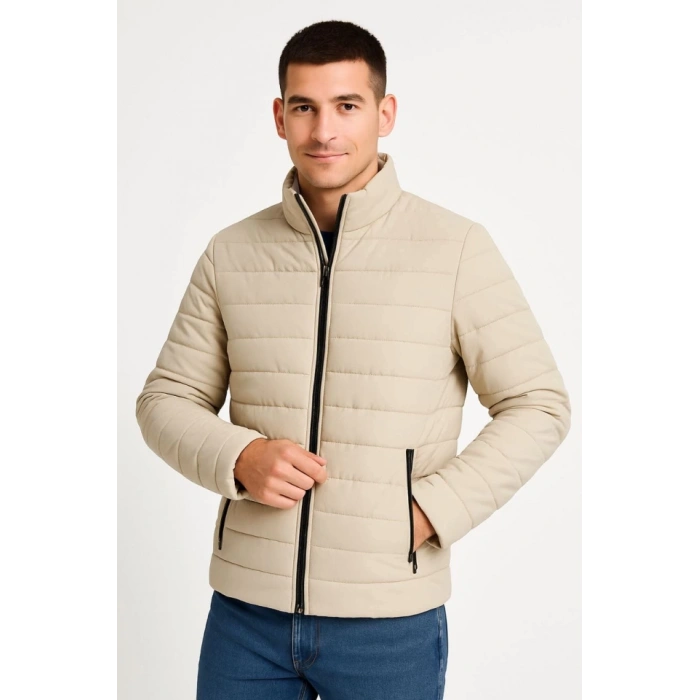 Erkek Bomber Mont Ceket – Su İtici Kumaş, Kapitone Astarlı, Fermuarlı, Kışlık - Bej