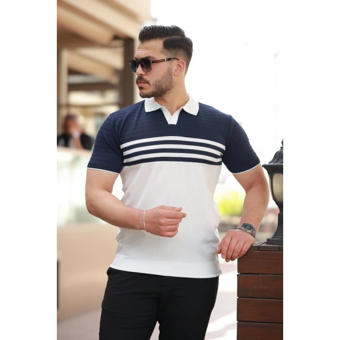 Erkek çizgi Desenli Yakalı Kısa Kollu T-shirt