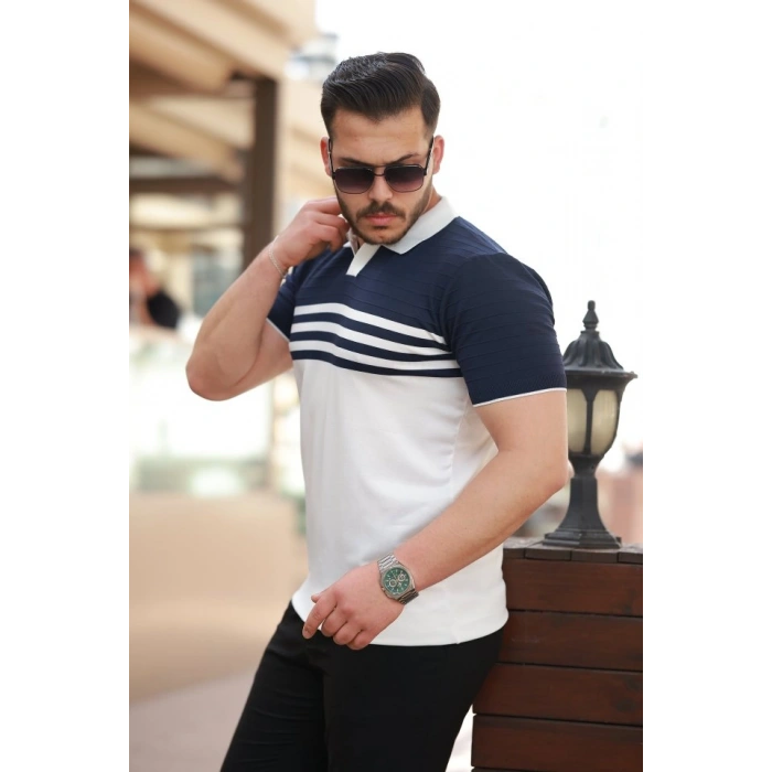 Erkek çizgi Desenli Yakalı Kısa Kollu T-shirt