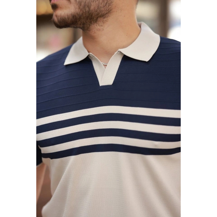 Erkek çizgi Desenli Yakalı Kısa Kollu T-shirt