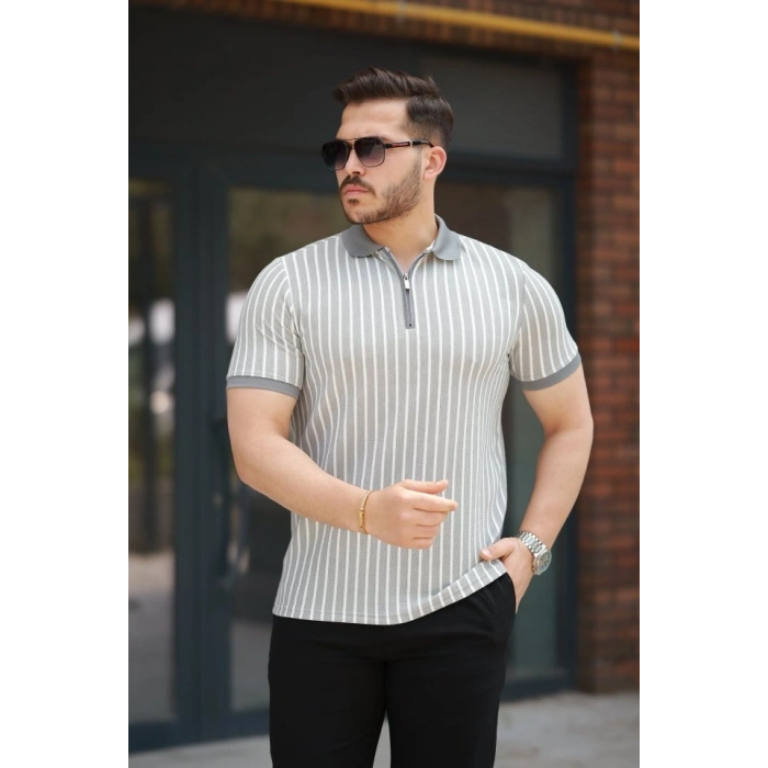 Erkek çizgili Fermuar Yakalı Kısa Kollu Tişört